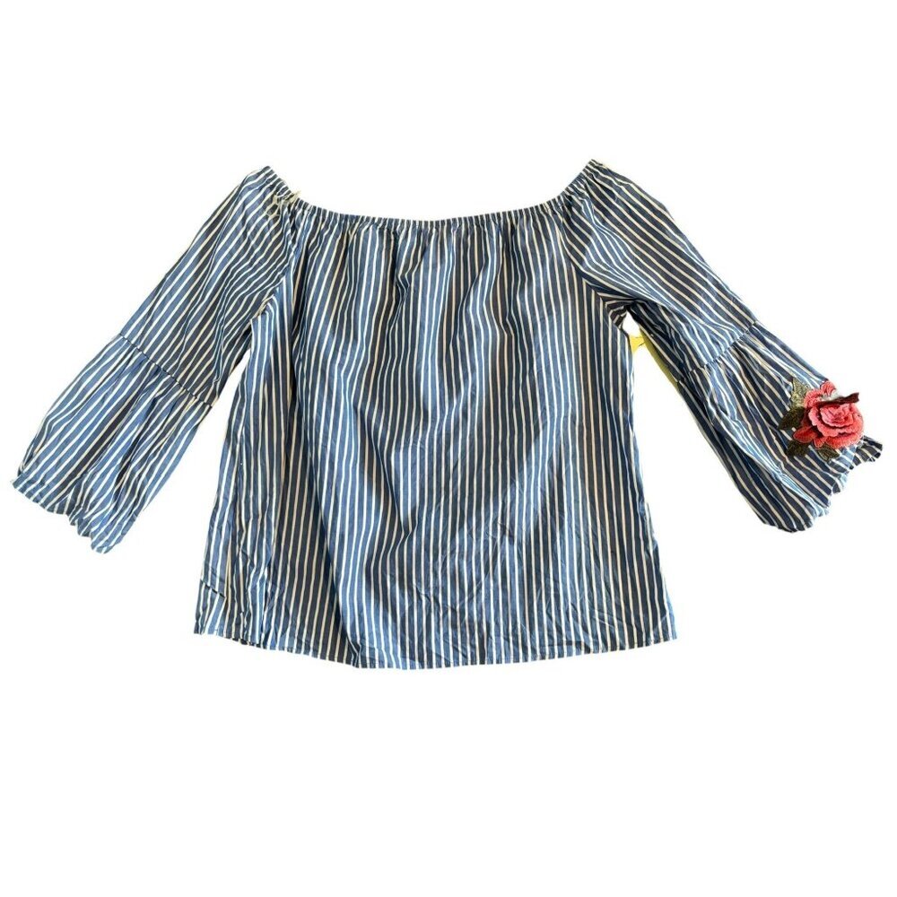 Tacera Women's Off-The-Shoulder Blue & White Striped Top - Picture 3 of 7